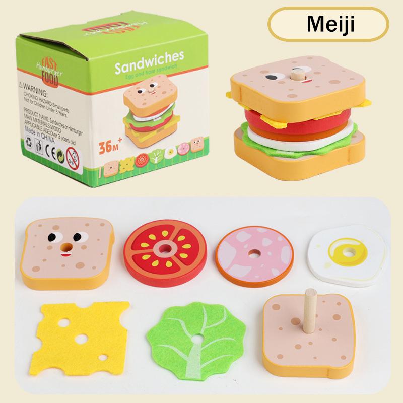 

1 Set Learning Educational Montessori Toy Children Pretend Play Wooden Hamburger Sandwich Kit Kids Kitchen Toys Single sandwich