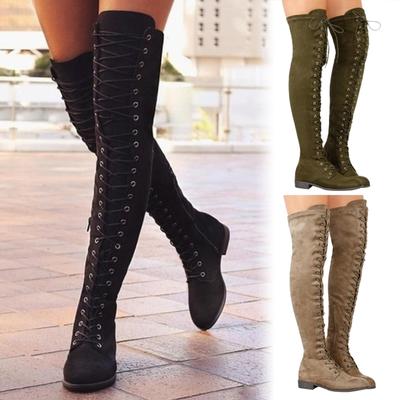Mode Frauen Cross Strap Wildleder Stiefel Herbst Winter Kniehohe Stiefel Dame Dicke Sohle Plateau Stiefel Overknee Stiefel
