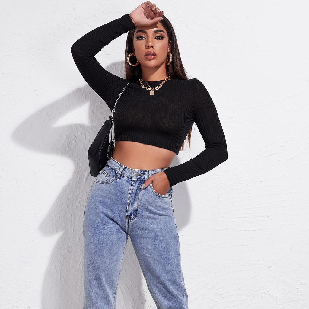 Spring and summer women's clothing, sexy off-the-navel long-sleeved slim-fit bottoming shirt, straps on the back, backless T-shirt top