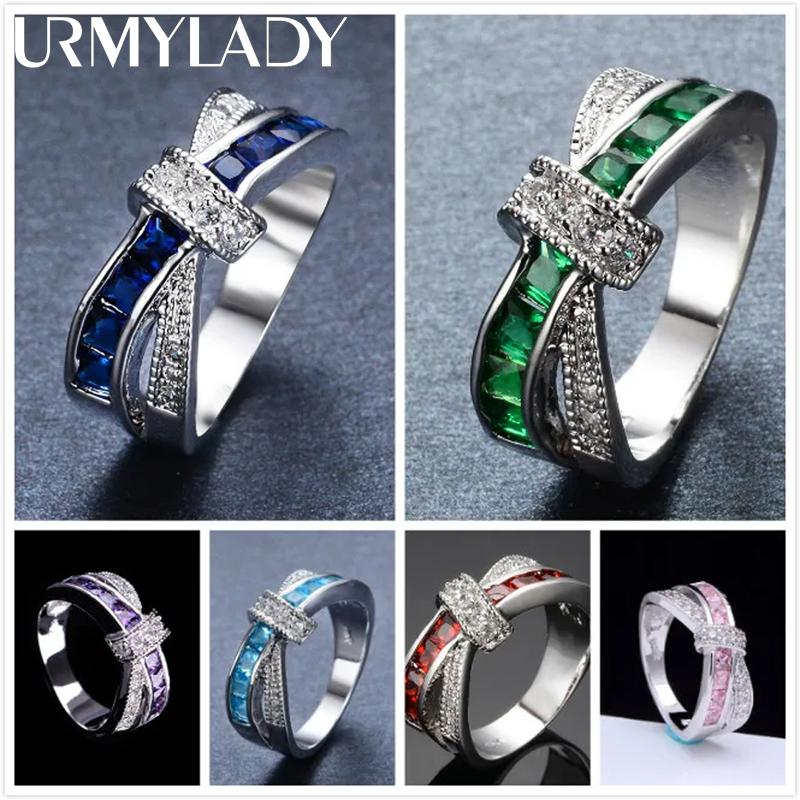 URMYLADY Classic 925 Sterling Silver Diamond 8 Size Rings For Women Colored Zircon Fashion Jewelry