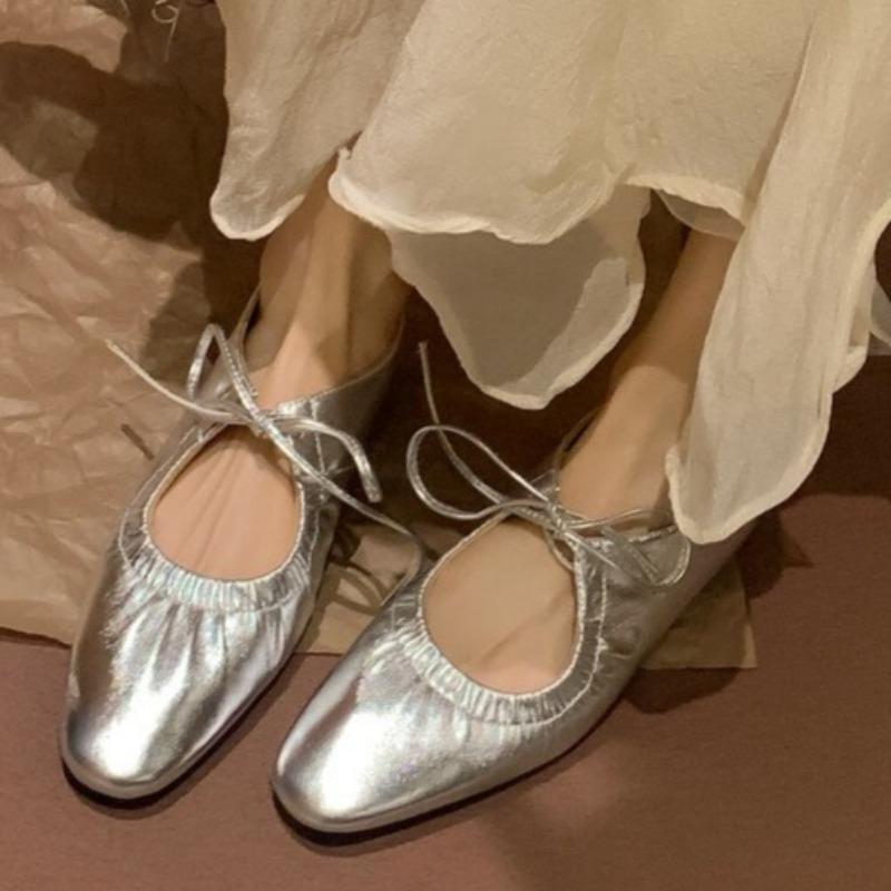 

Fashion Autumn New Flat Single Shoes Women s Square Head Shallow Mouth Front Lacing Soft Sole Anti-slip Wear-resistant Low-top Shoes 35 серебряный