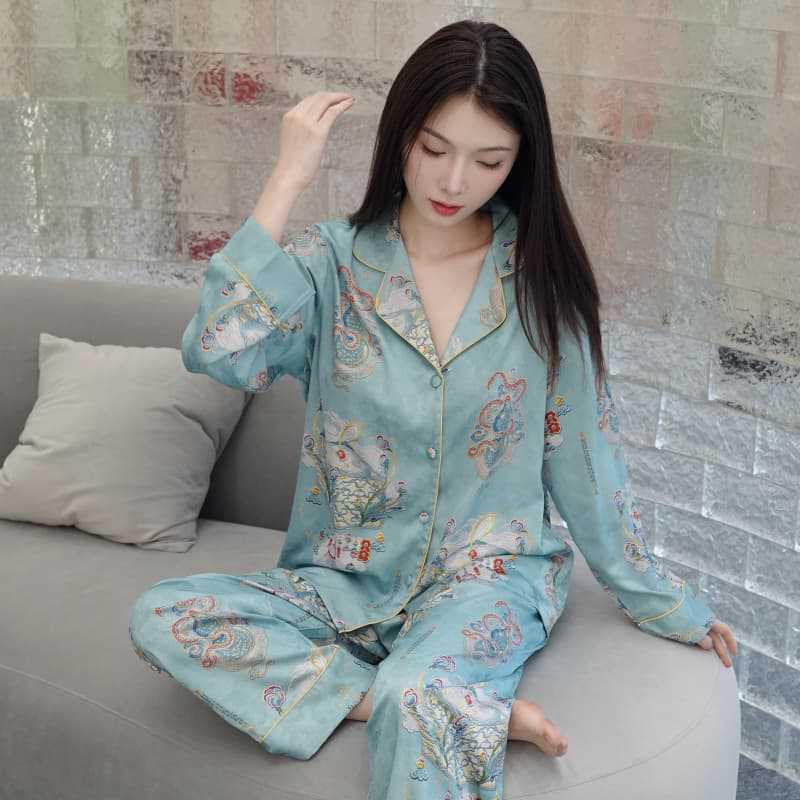 

Цветы на дороге: Женский пижамный комплект с длинным рукавом в национальном стиле для весны и осени XL озеро синий