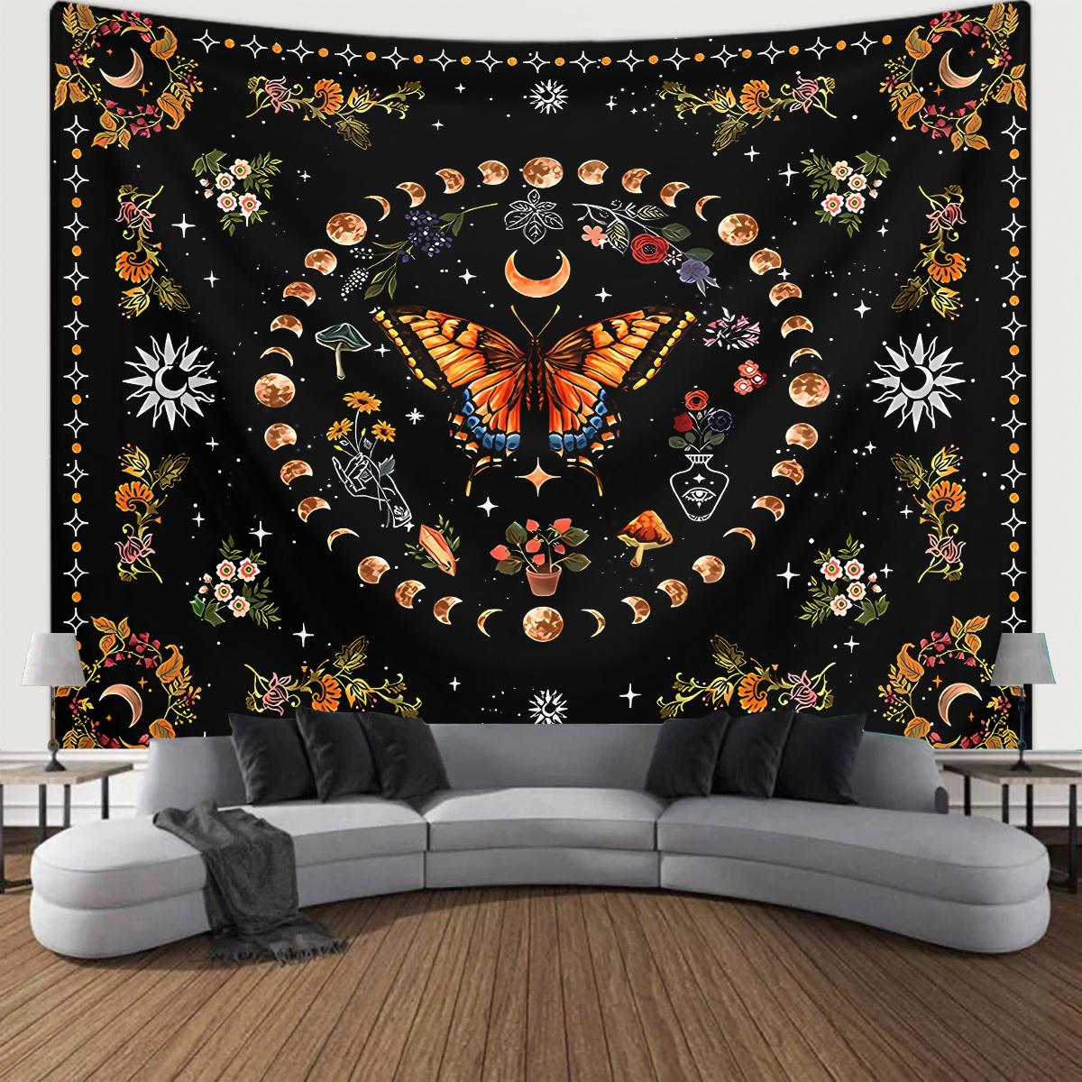 

1pc Butterfly, Moon, Flower Tapestry, Plant Flower Bohemian Tapestry, Bedroom Aesthetics Retro Moonphase Starry Sky Tapestry 73x95cm