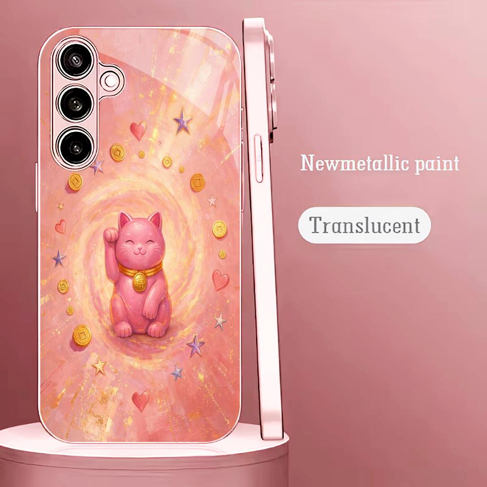 Pink Money Cat PhoneCase for Samsung Galaxy S26 S25 S24 S23 S22 FE Ultra Plus Built-in glass feel bare machine Women's style