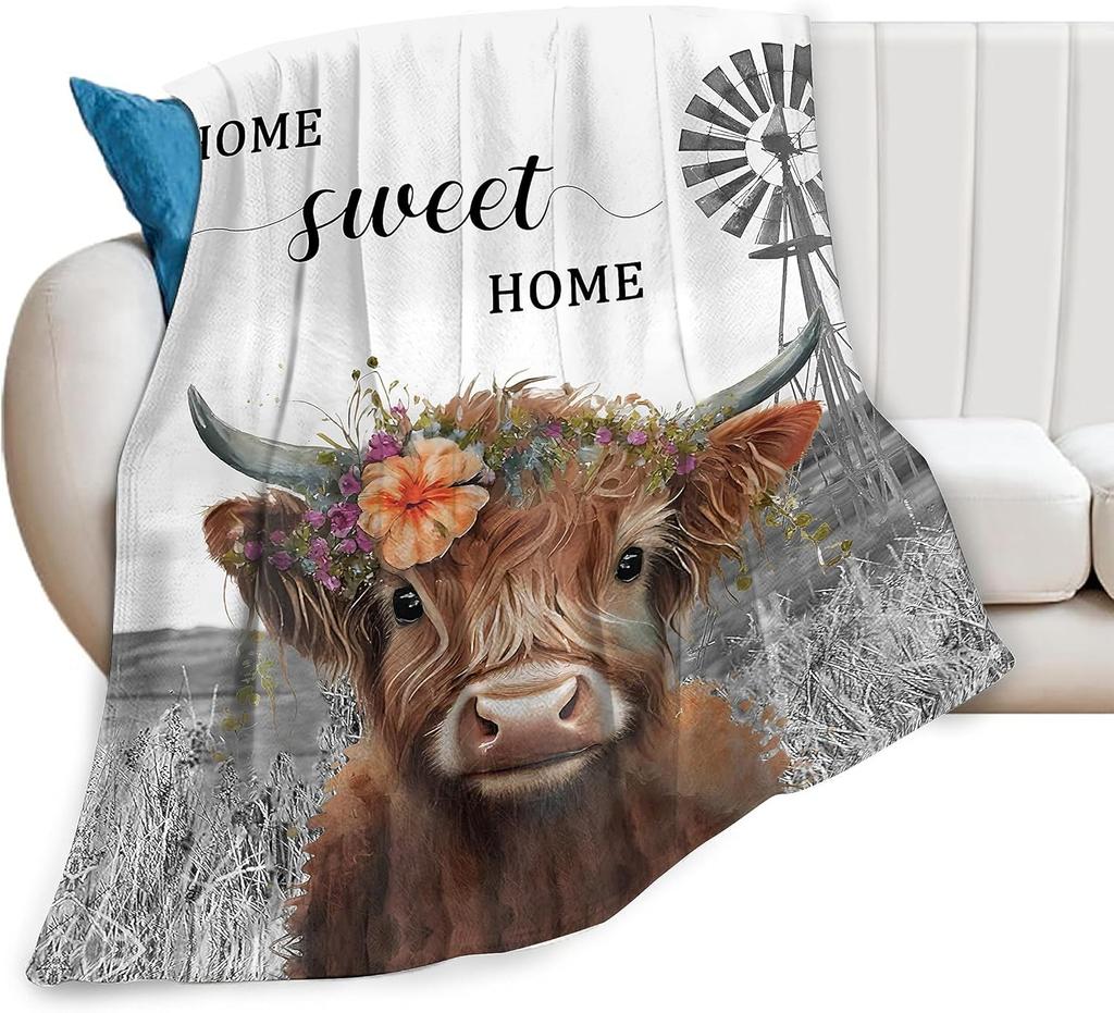 Highland Cow Blanket Natural Western Wildlife Animal Cow Cattle Pattern Landscape All Season Warm Lightweight Blankets for Sofa