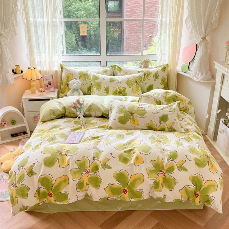 Cartoon 100% Cotton Bedding Set Duvet Cover with 2pc Pillowcase for Kids, Adult Single Double Bed Quilt Cover Sets Flower Print