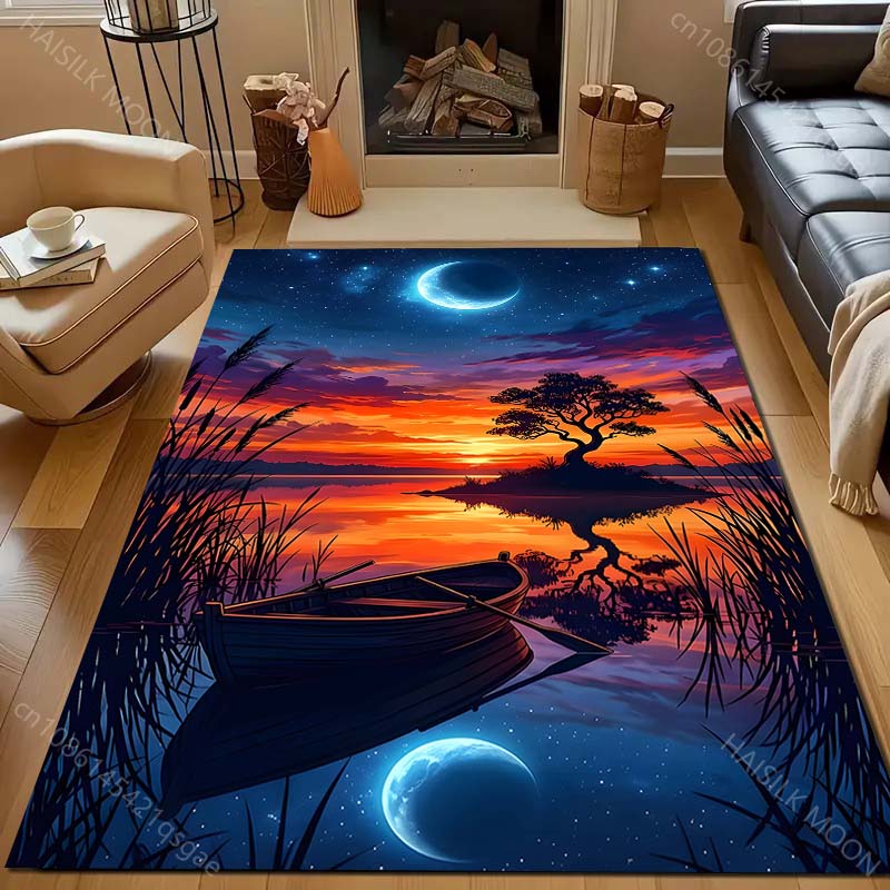 1PC Moonlit lake island scenery Pattern Rug Carpets for Bedroom Living Room Sofa Mat Creative Door Mat Cloakroom Home Decor