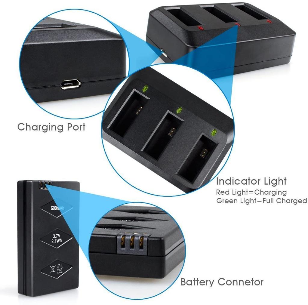 Set of 3 LiPo Batteries 3.7V 600mAh 20C for Parrot MiniDrone | 3-Port Fast Charger with IC Protection | Wide Compatibility with Drones & RC Models
