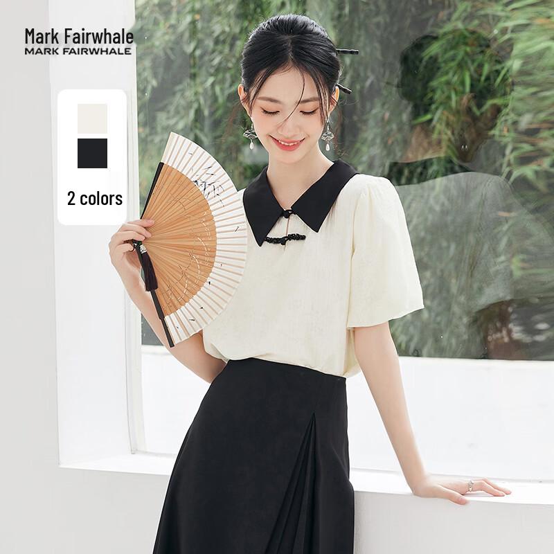 MARK FAIRWHALE Women s Retro Chinese Style Frog Button Short Sleeve Puff Sleeve Shirt L