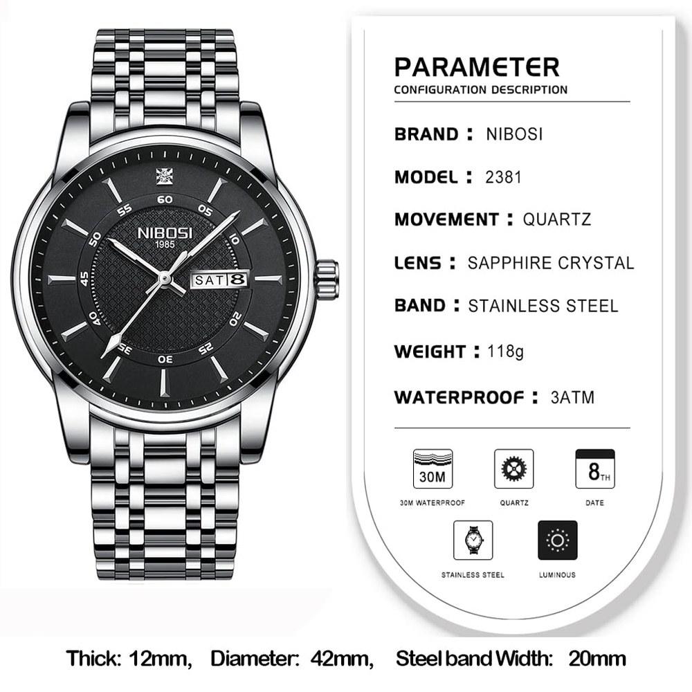 NIBOSI Men's Classic Silver Stainless Steel Wristwatch Waterproof Analog Metal Band Casual Gift Date and Day Fluorescent Watch