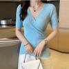 Women Summer V-Neck Ice Silk Knitted Thin Sweater Shirt Top Short Sleeve Slim Irregular Bottoming Button Solid Color