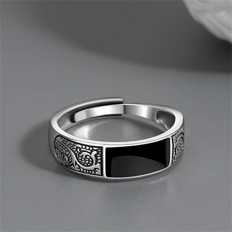 Trendy 925 Sterling Silver Ring for Men Jewelry Black Rectangle Retro Dragon Pattern Ring Male Open Rings Finger Accessories