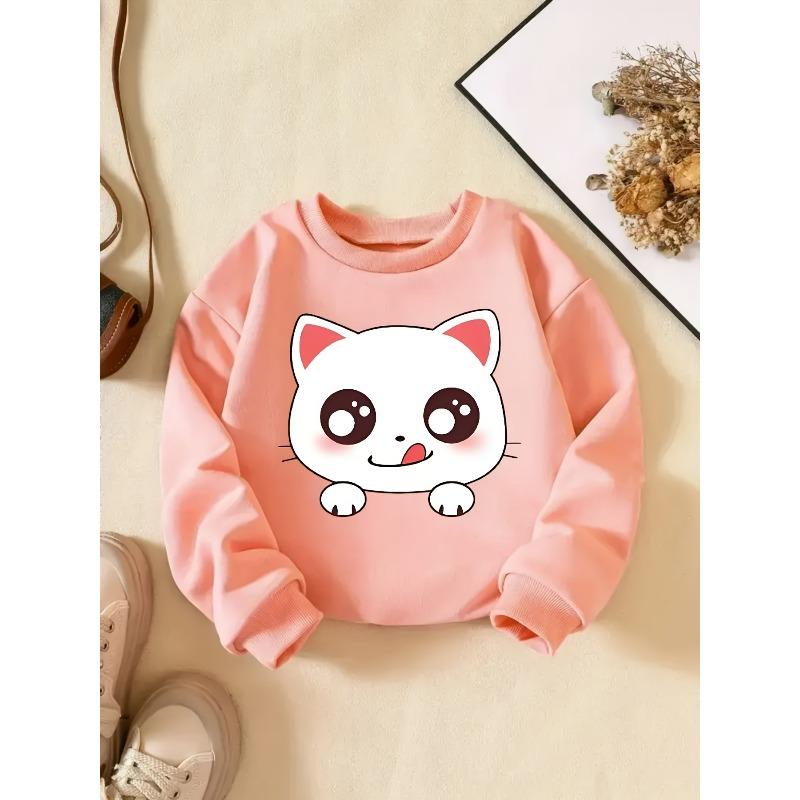 Girls' Fashion New Knit Sweatshirt with Cute Cat Print, Spring/Autumn Clothing