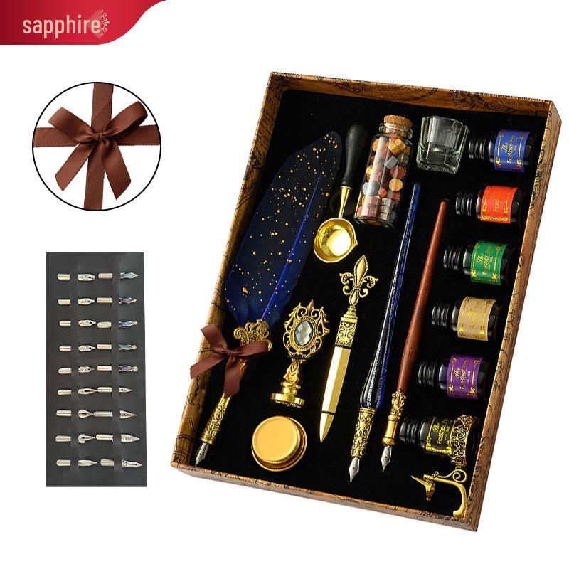 British Style Gold Splatter Feather Pen Set with Custom Logo - Ink Dipping Set, Birthday Gift