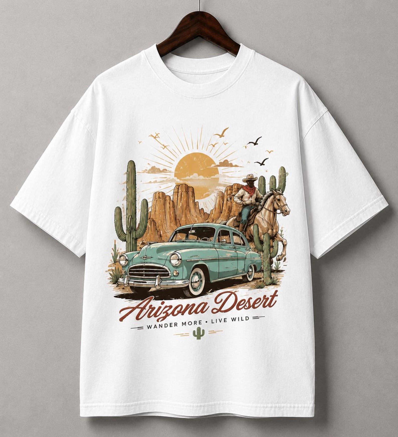 Arizona Desert Vintage Car Graphic Tee – Retro Western Cowboy Oversized Shirt 4XL