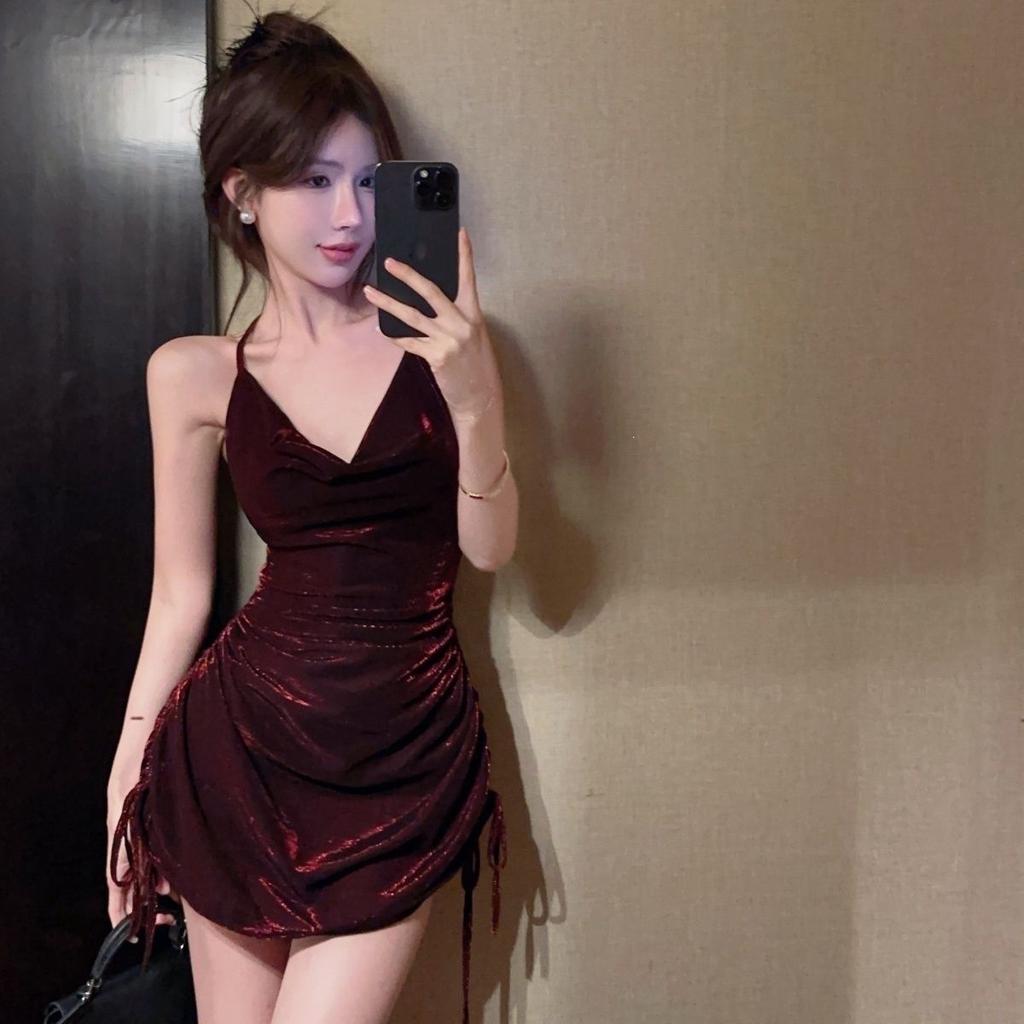 Autumn new scheming, pure desire, Spice Girl drawstring, waist repair, suspender, swing collar, backless hip-wrapped dress for women