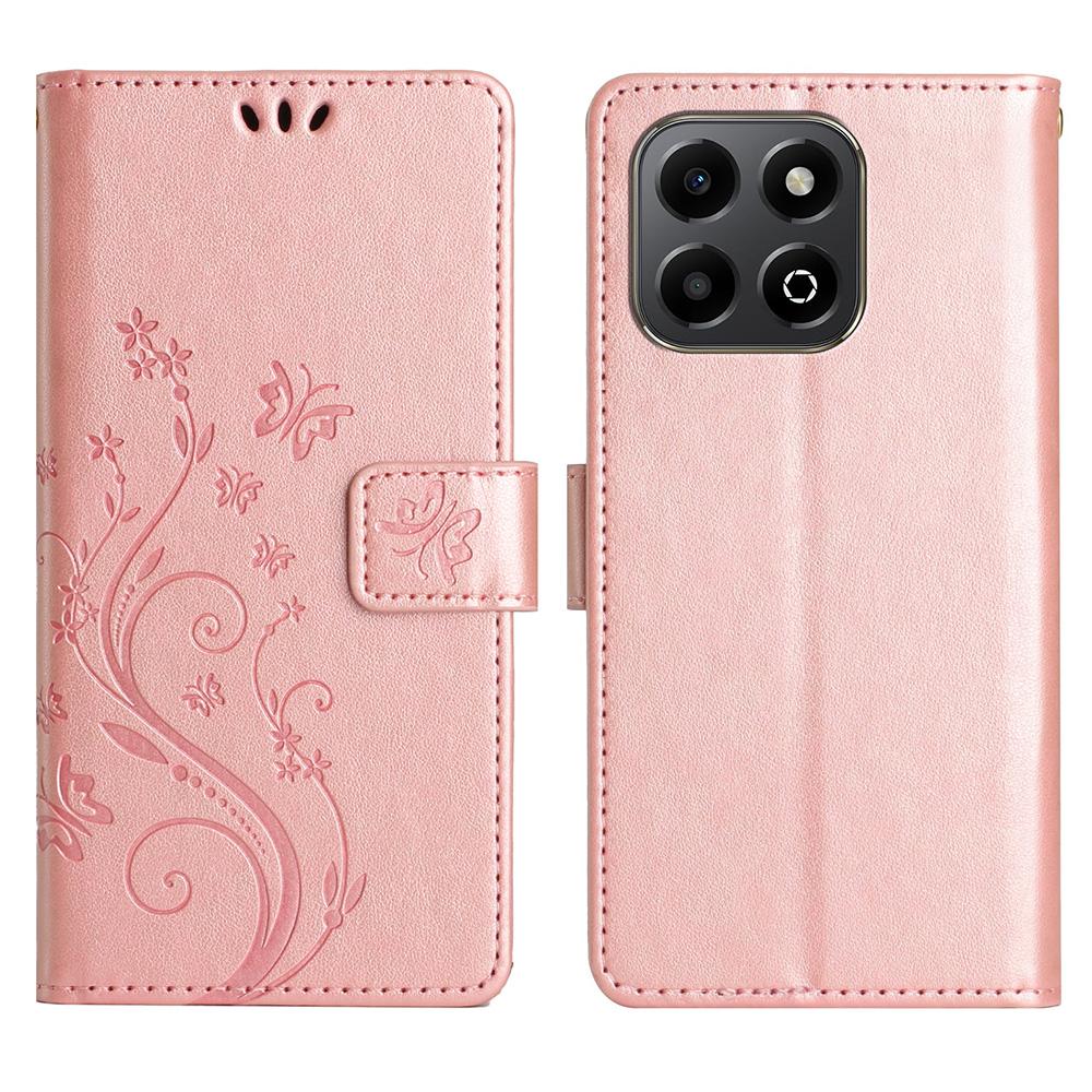 For Honor X6b 4G Leather Wallet Case Butterfly Flower Imprinted Phone Cover with Strap