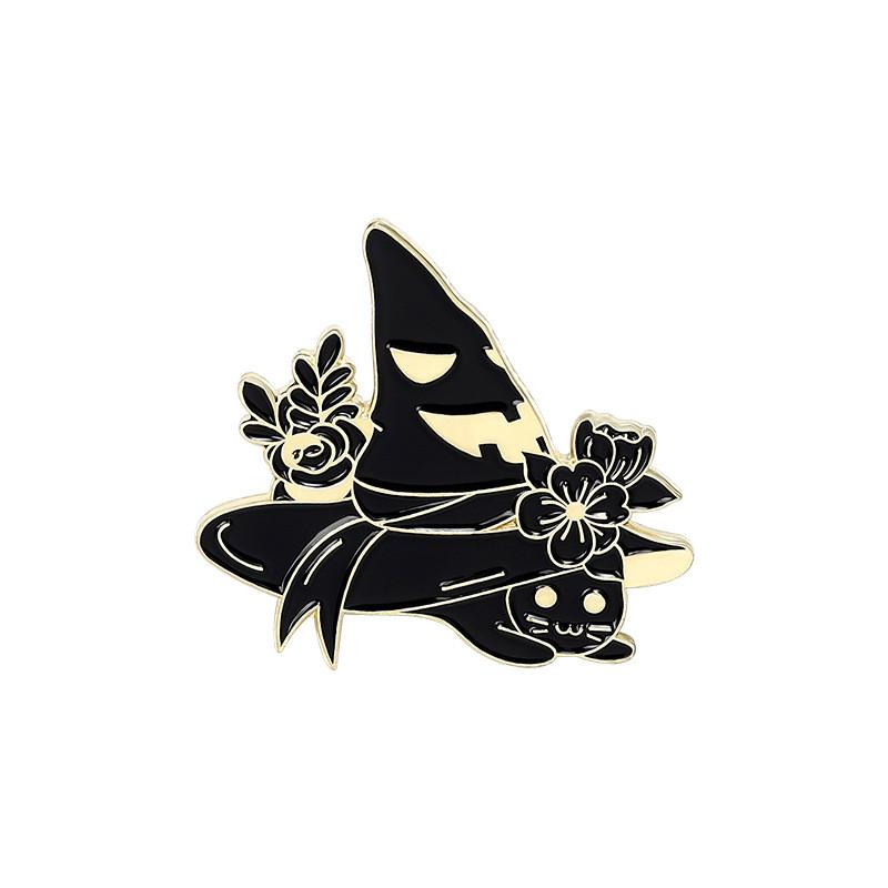 Black Cat Adorable Witch Hat Brooch Elegant Alloy Design For Spooky Looks Halloween