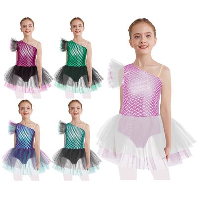 Sparkling Mermaid Ballerina Outfit for Girls: Eye-Catching Fish Scale Print On One Shoulder Tutu Dress for Party & Stage