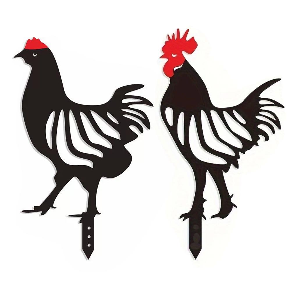 Black Metal Rooster Hen Garden Stake Decor  Patio Border Ground Inserted Adornment
