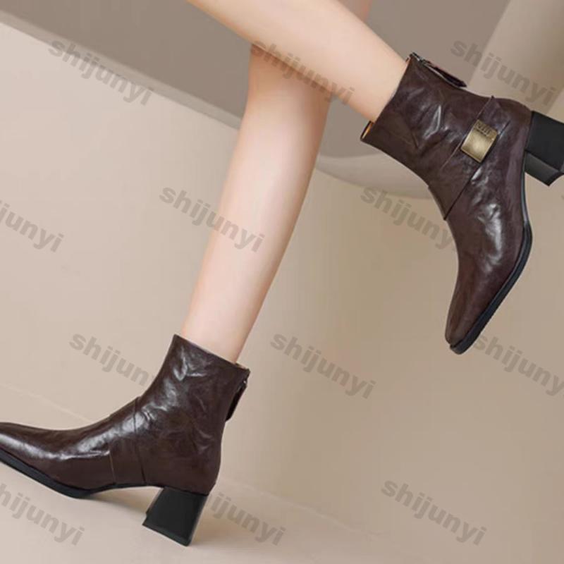 Vintage Square Toe Ankle Boots for Women Autumn Winter Zipper Black Thick Heels Short Boots Woman PU Leather Botas Mujer
