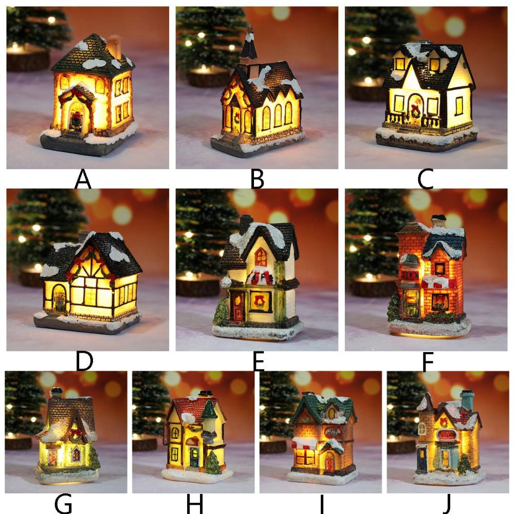 Gift Figurine Mini Miniatures Resin Craft Village House Ornament LED Light Christmas Decoration