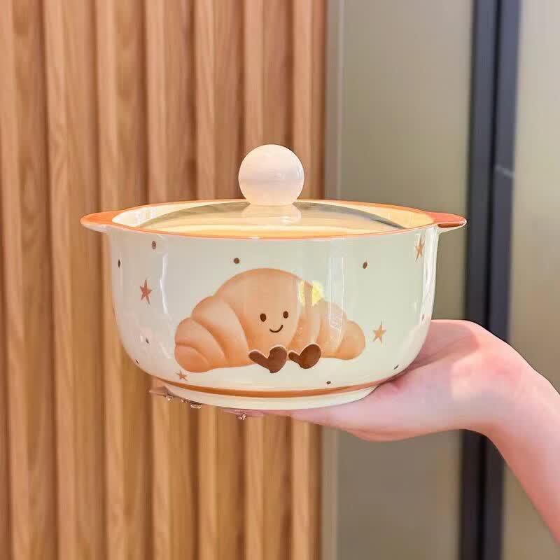 Милый керамический обеденный набор с круассанами и фруктами помело