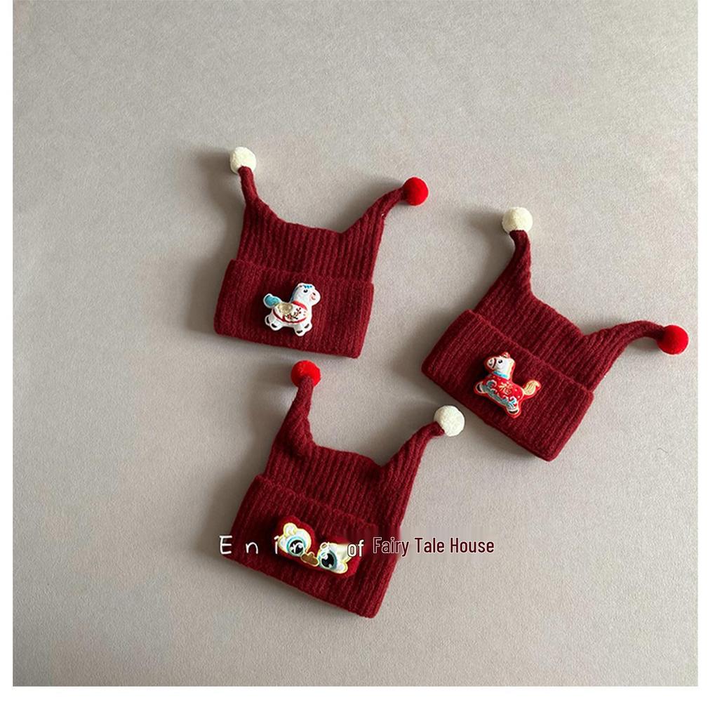 Children's Red Elf Knit Hat with Ear Protection for Autumn/Winter - Cute Pom-Pom Design for Boys and Girls