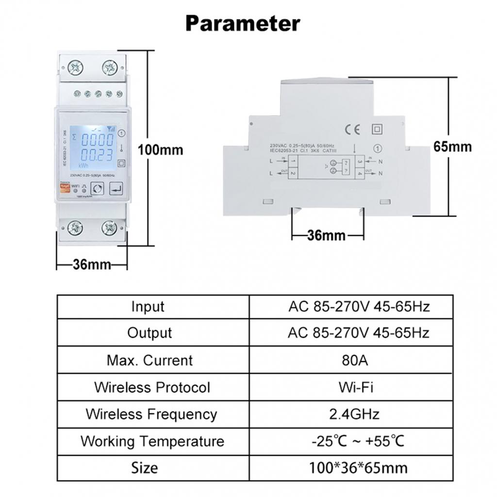 Tuya ZIGBEE Bidirectional Energy Meter Single Phase 80A kWh
