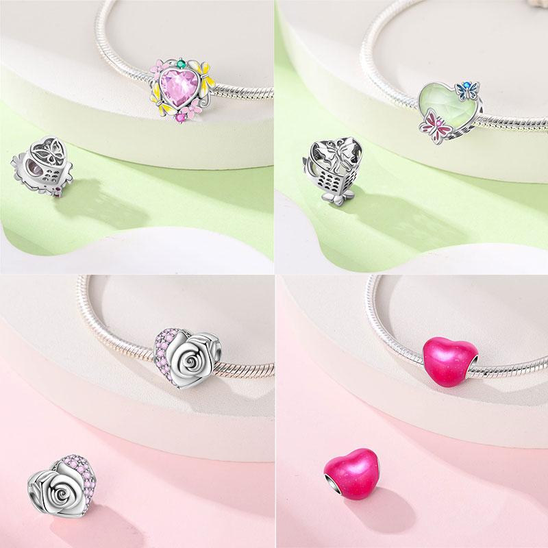 Breloque Pendentif Perles Cœur Rose Scintillant Cuivre Compatible Bracelet Original Pour Femmes Bijoux Cadeaux Saint-Valentin