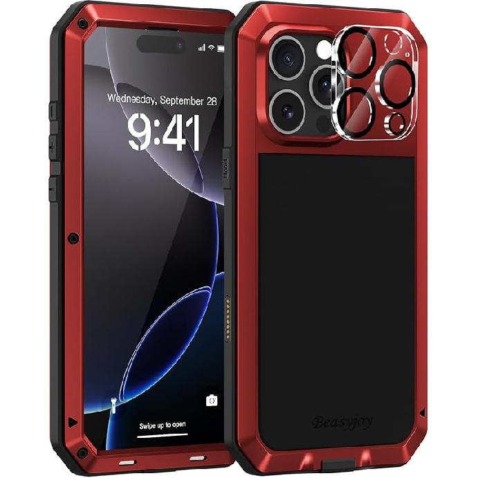 Beasyjoy for iPhone 16 Pro Metal Case, Heavy Duty Rugged Case with Built-in Screen Protector & Camera Protector, Military Grade Shockproof Full Body iphone 16 pro max красный