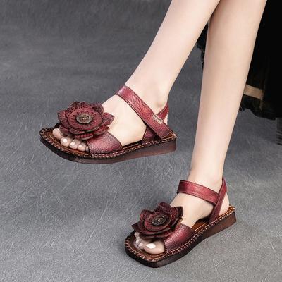 Fashion GKTINOO 2025 New Fashion Round Toe Hollow Genuine Leather Sandals Roman Shoes Breathable Sandals Flat Flower Women Sandals