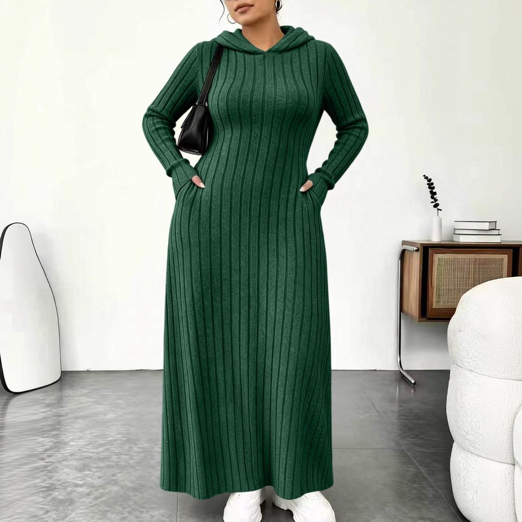 Women's Fashion Color Hooded Ribbed Dress with Slim Fit Cinched Waist and Pockets