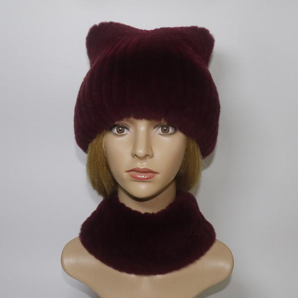 Winter Girls Fashion Fluffy Real Rex Rabbit Fur Hat Scarf Sets Warm Real Rex Rabbit Fur Cat's ear Hats Scarves Women Fur Caps