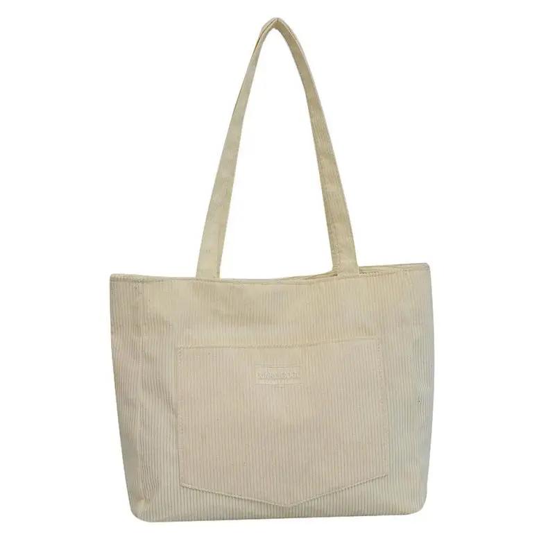 Large Capacity Shoulder Bag Trendy Corduroy Tote Bag Solid Color Ladies Handbag With Frt Pocket бежевый