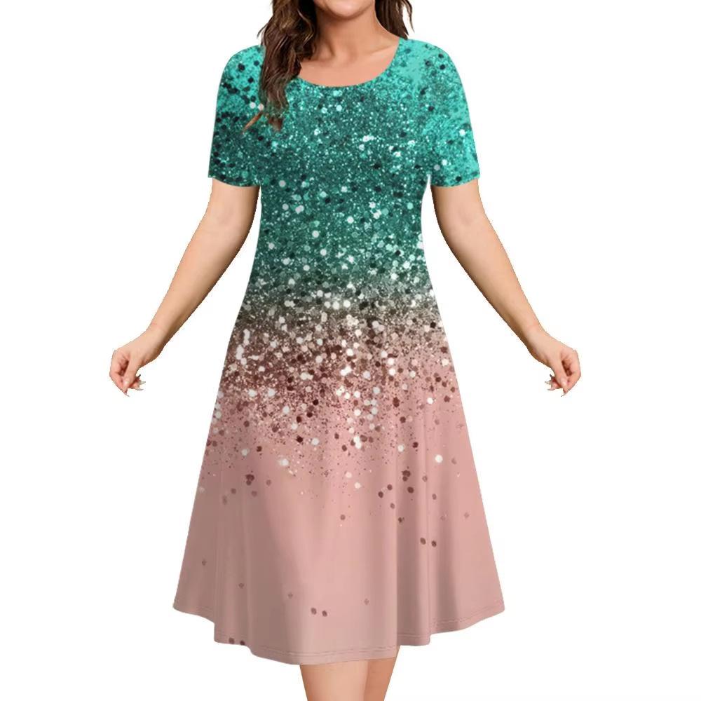 Elegant Women Short Sleeve Fashion 3d Print Midi Dress Plus Size Beach Clothing