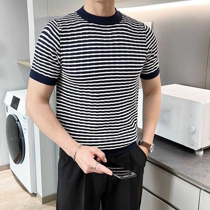 Basic Striped Short Sleeve Pullovers Men's Contrasting Colors Summer Korean Fashion Casual Knitted T-shirts