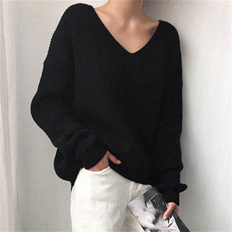 Women's Solid Color V-neck Knit Pullover Sweater - 2026 Autumn/Winter Loose Fit, Lazy Style