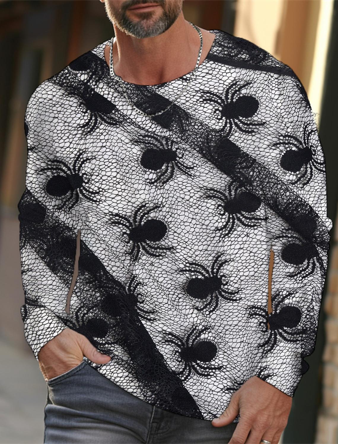 Весенне-осенняя мужская футболка с длинным рукавом и принтом паутины в 3D-стиле — фото 17