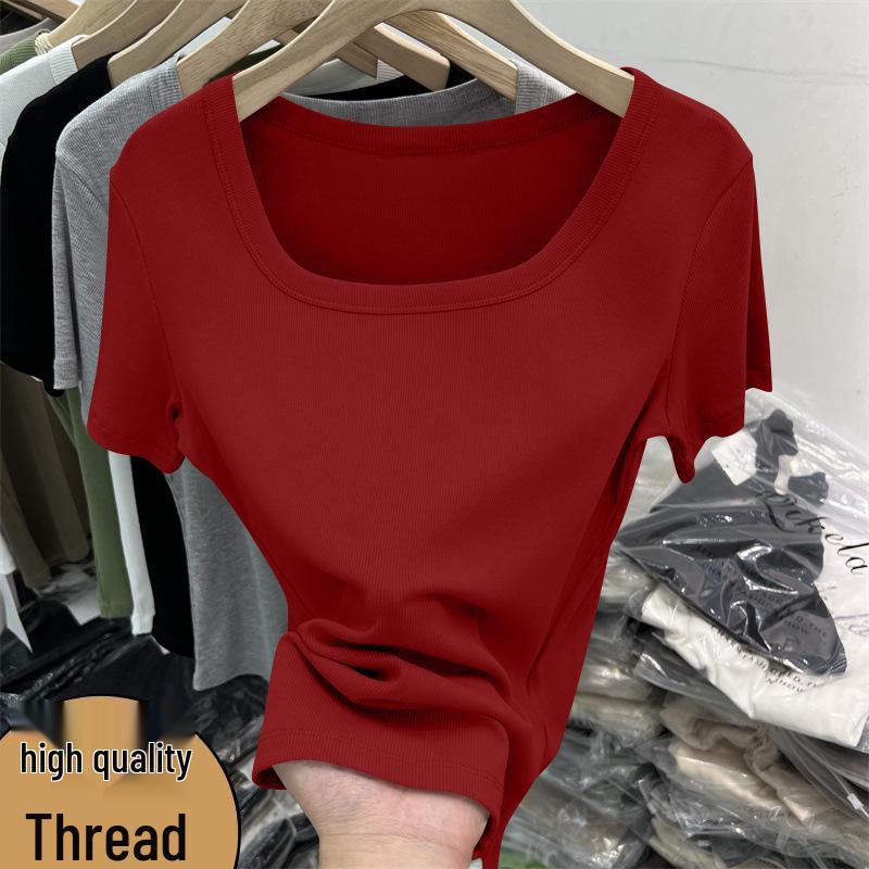 Summer Square Neck Ribbed Soft Short Sleeve Top - Women's Solid Color Simple Style