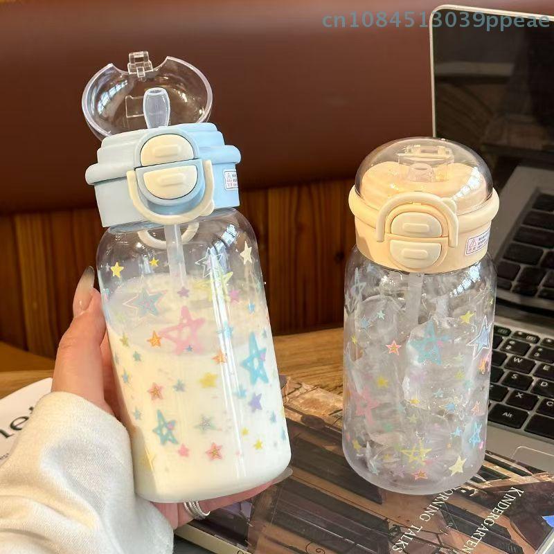 1 Pc 600ml Star Water Bottle Tumbler For Ice Coffee Juice Tea Cute Bowknot Plastic Cups With Straw Lid Portable Drinking Bottle