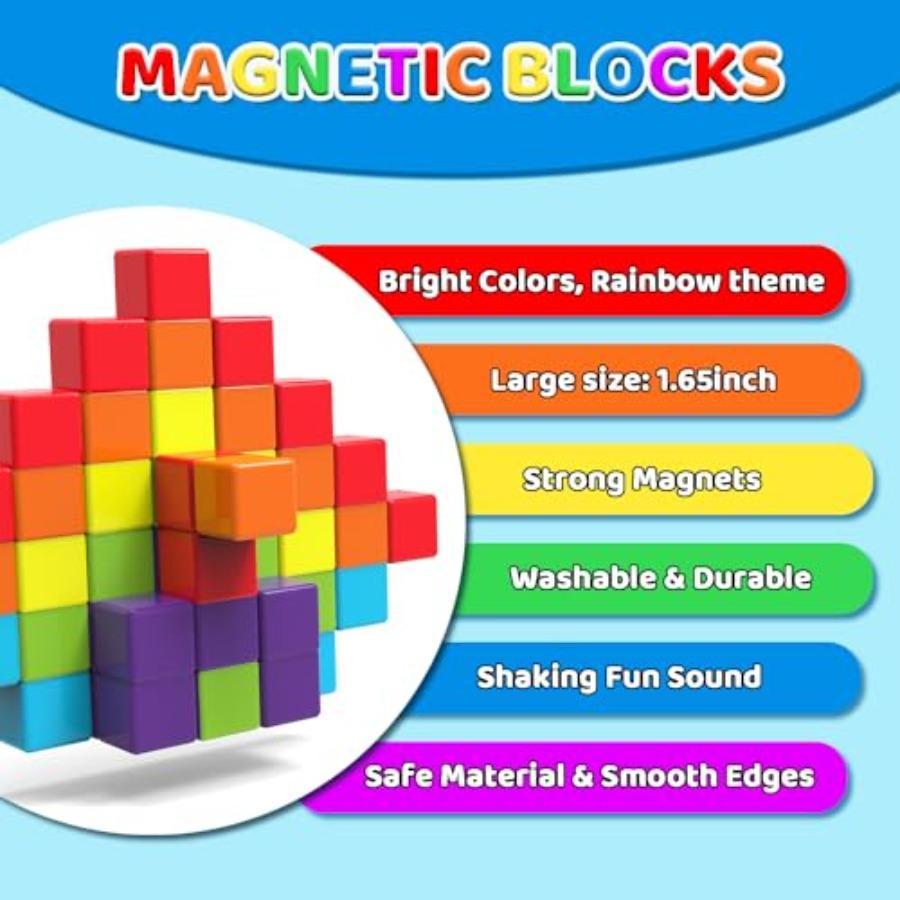Magnetic Building Blocks, 1.65 inch Large Magnetic Stacking Cubes for Toddlers, Sensory and Montori Toys for Boys and Girls 1 2