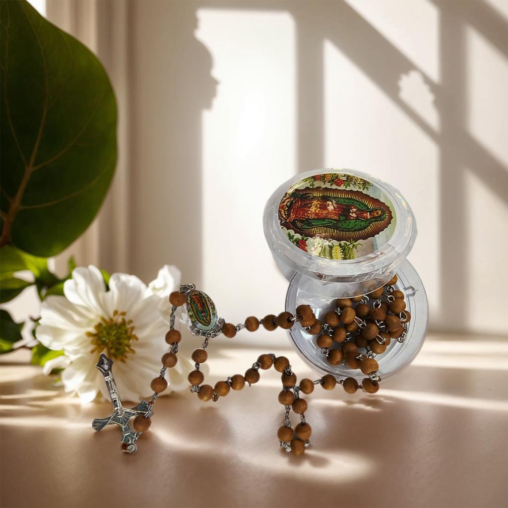 Christian Prayer Wooden Beads Rosary Necklace with Our Lady of Guadalupe and Crucifix for Women and Men in Gift Box