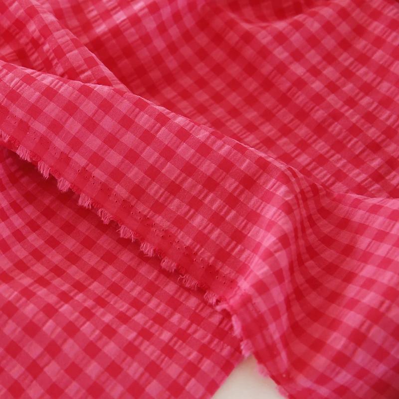 100x145cm Pitaya Red Plaid Yarn-Dyed Polyester Cotton Linen Fabric Washed Shirt Dress DIY Sewing Crafts Fabric Clothing Material 100X145cm