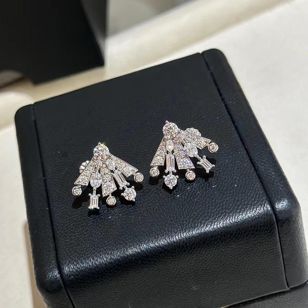 New Vintage 100% Pure 925 Sterling Silver Earrings Pave Aaa Zircconia Fan Shape Ear Stud For Women Luxury Fine Jewelry