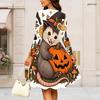 Women Plus Size Round Neck Long Sleeve Swing Dress Halloween Opossum Pumpkin Print Casual Party Dress