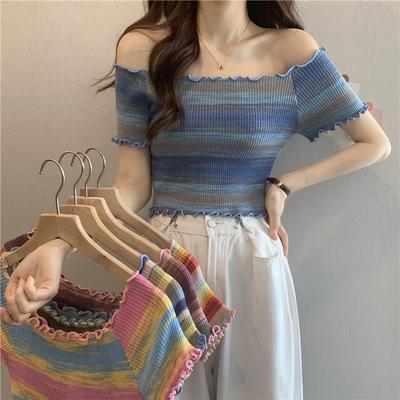 Summer Wood Ear Edge Wild Color Striped One-shoulder Knit Short-sleeved Tops Female Casual Summer Essential Comfort and Style Slim Fit Pullovers Tees