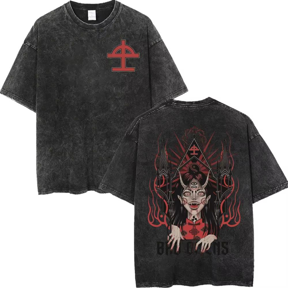 Vintage Washed Bad Omens Rock Band T-shirts Gothic Fashion Short Sleeve T-shirt Men Women Casual Loose Cotton T Shirt Streetwear