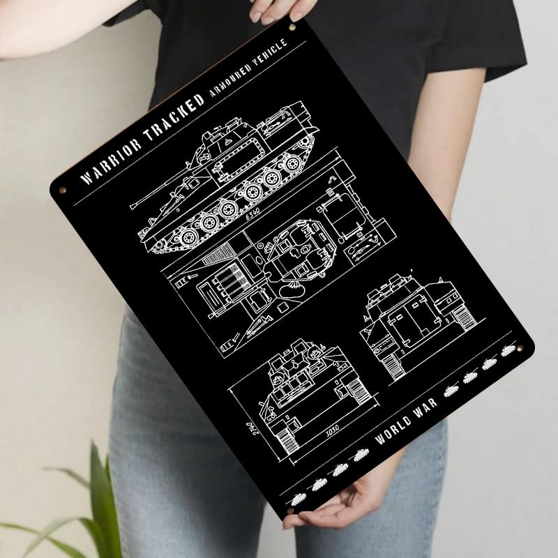 Warrior Tracked Armoured Vehicle Blueprint Metal Wall Art Military Decor for Home Office Collection