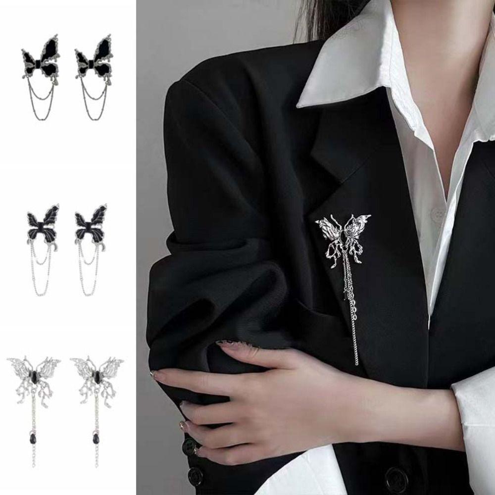 1Pair Wing Metal Butterfly Brooches Rhinestone Butterfly Tassel Badge Pin  Women Gifts